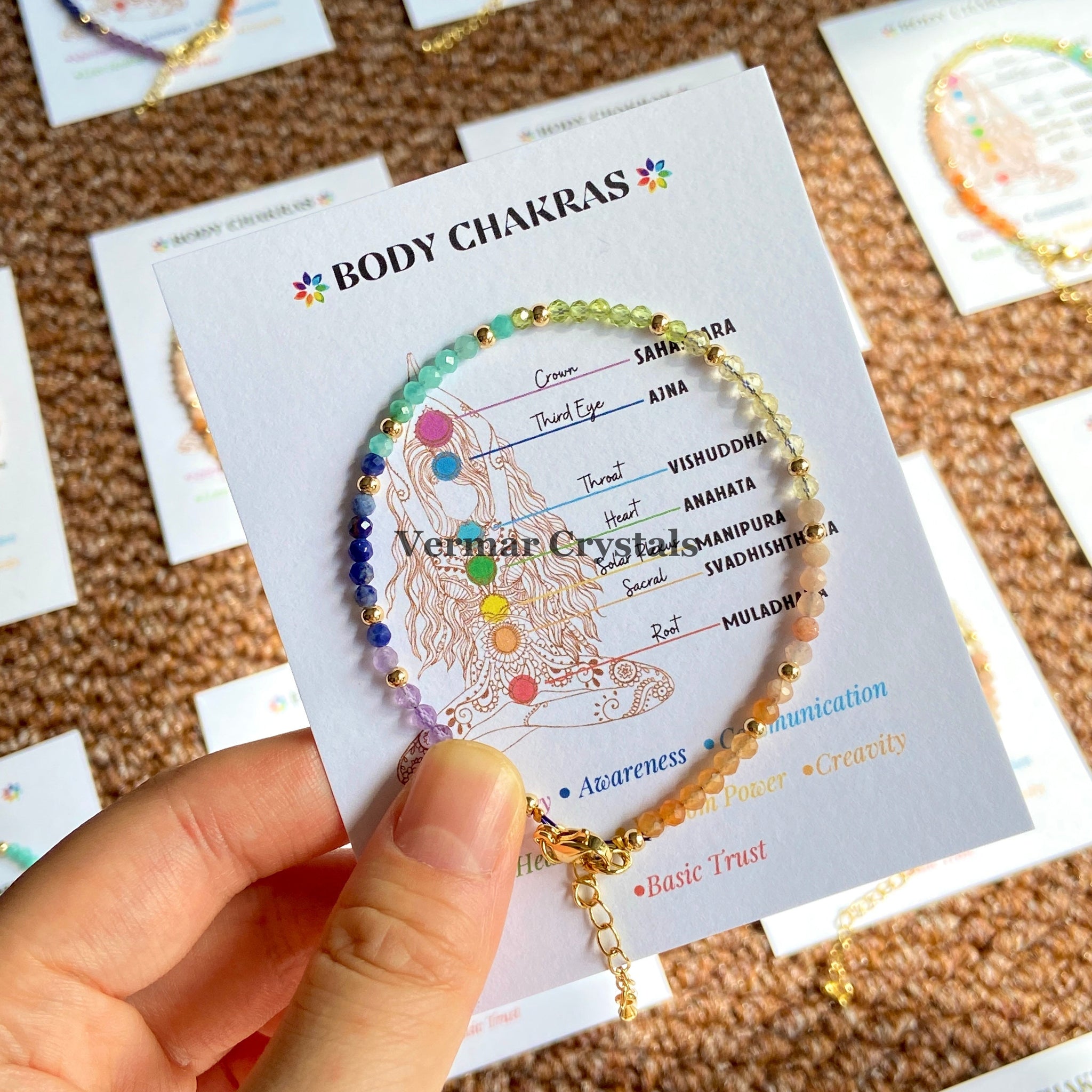 Faceted gemstone seven chakra bracelet with colorful beads representing energy centers on a display card.