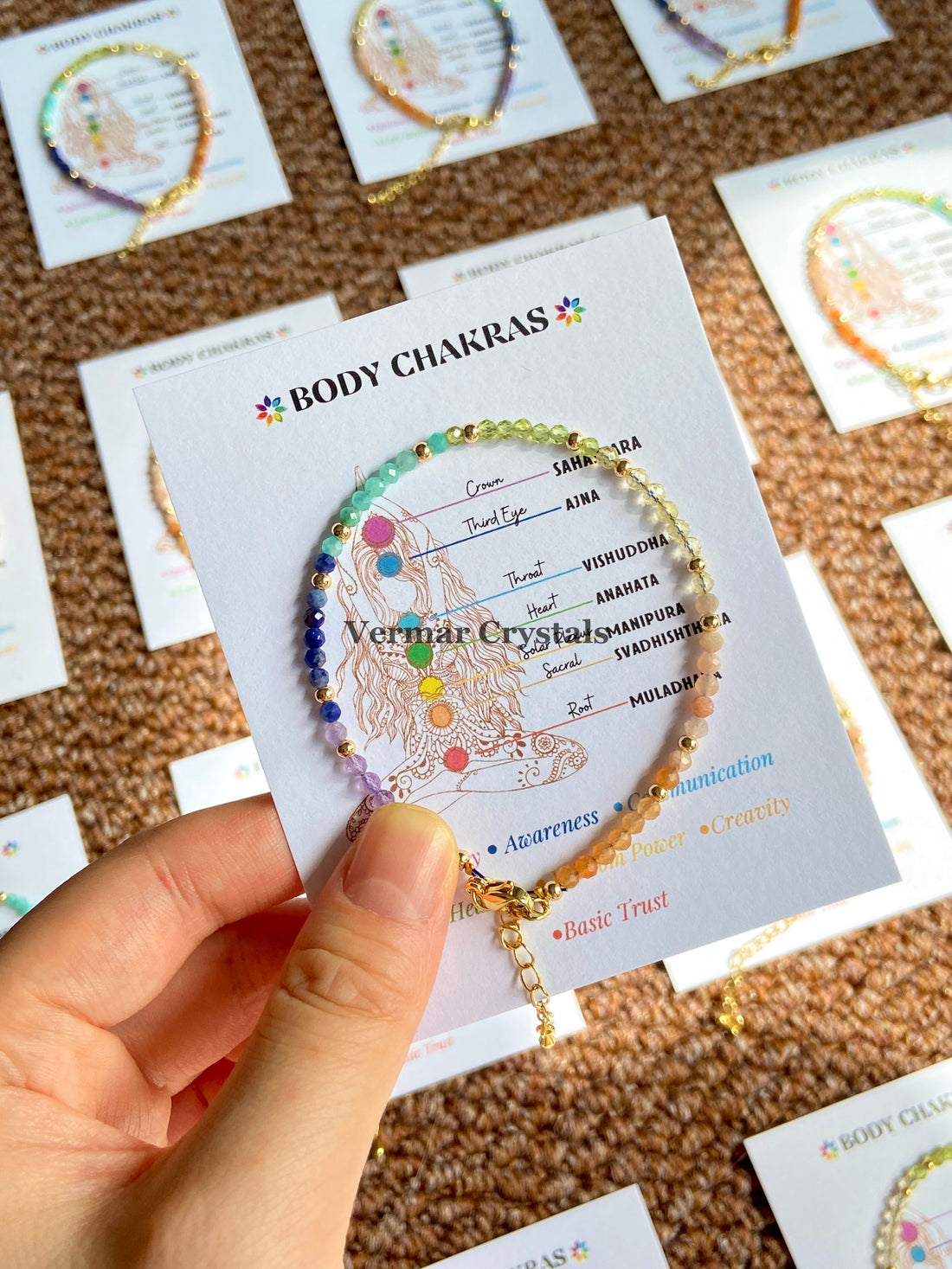 Faceted gemstone seven chakra bracelet with colorful beads representing energy centers on a display card.