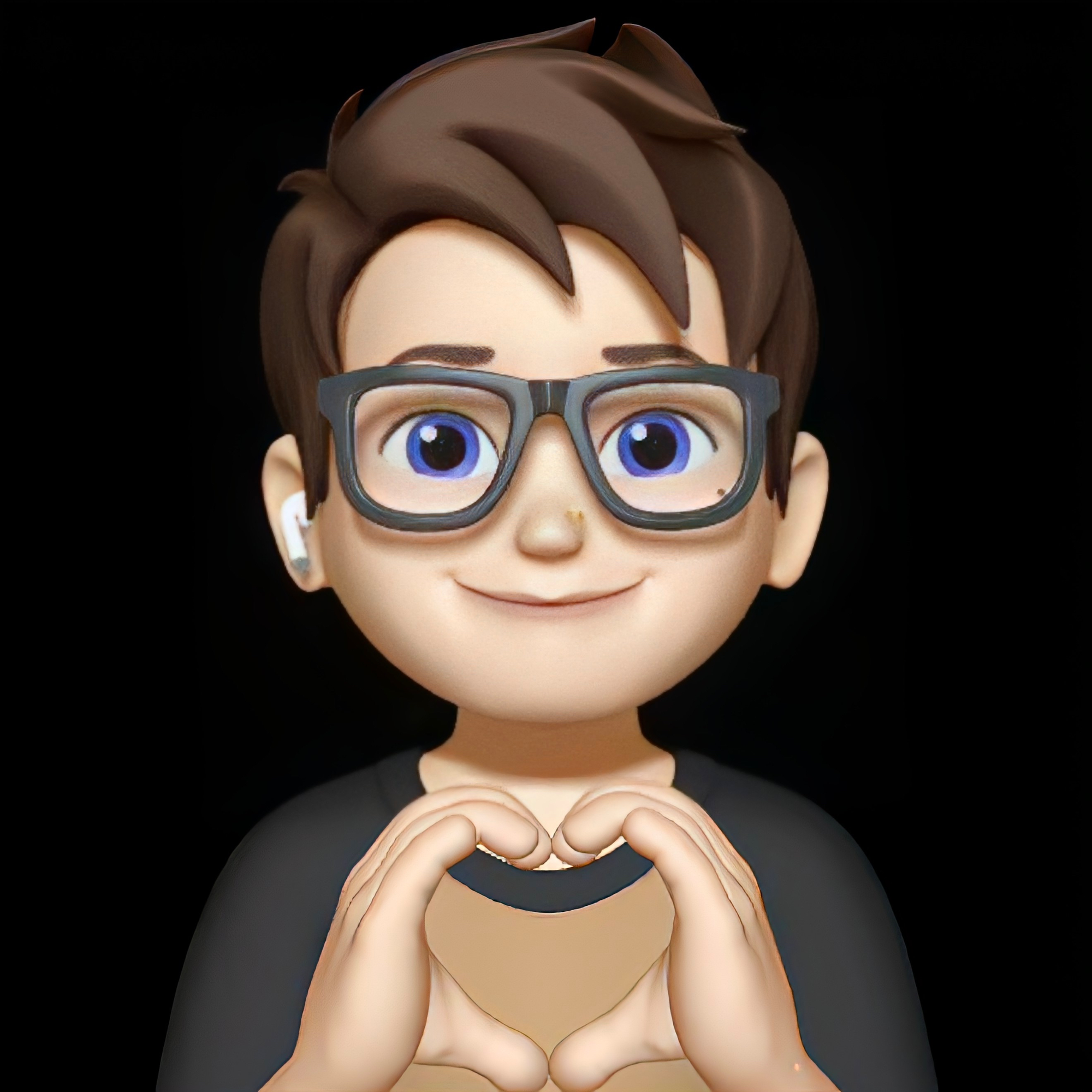 3D animated character with brown hair, glasses, and earbuds making a heart shape with hands on black background