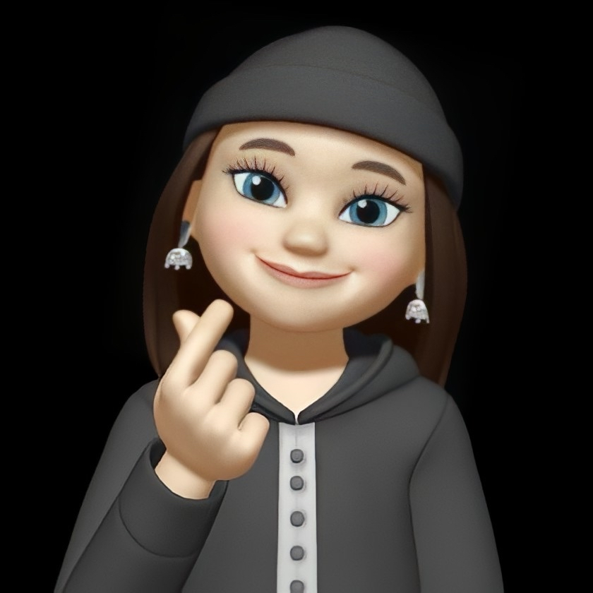 Animated female character wearing a black beanie and hoodie making a finger heart gesture on black background.