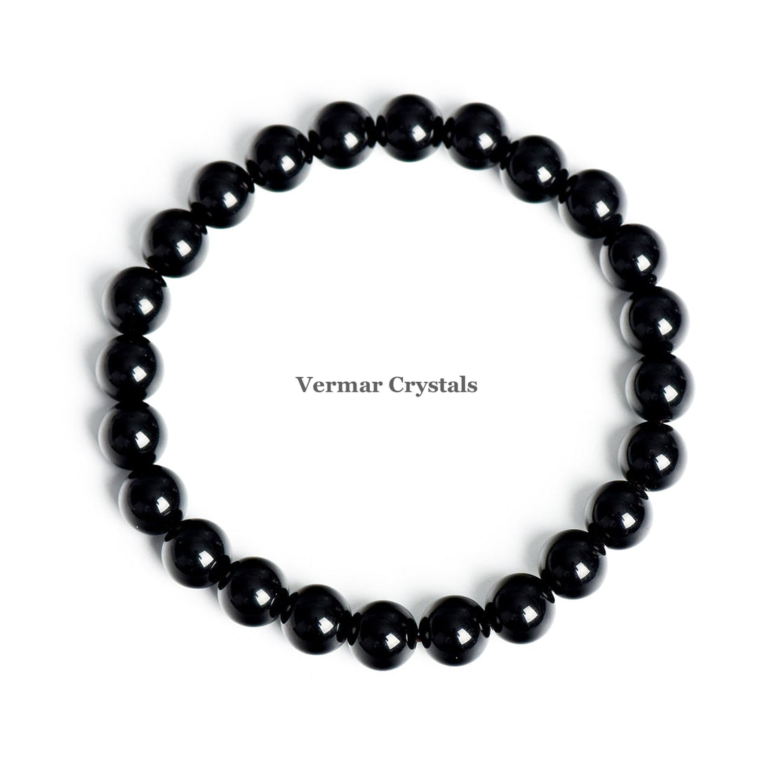 Stretchy bracelet made of polished 8mm black obsidian round beads arranged in a circle on a white background