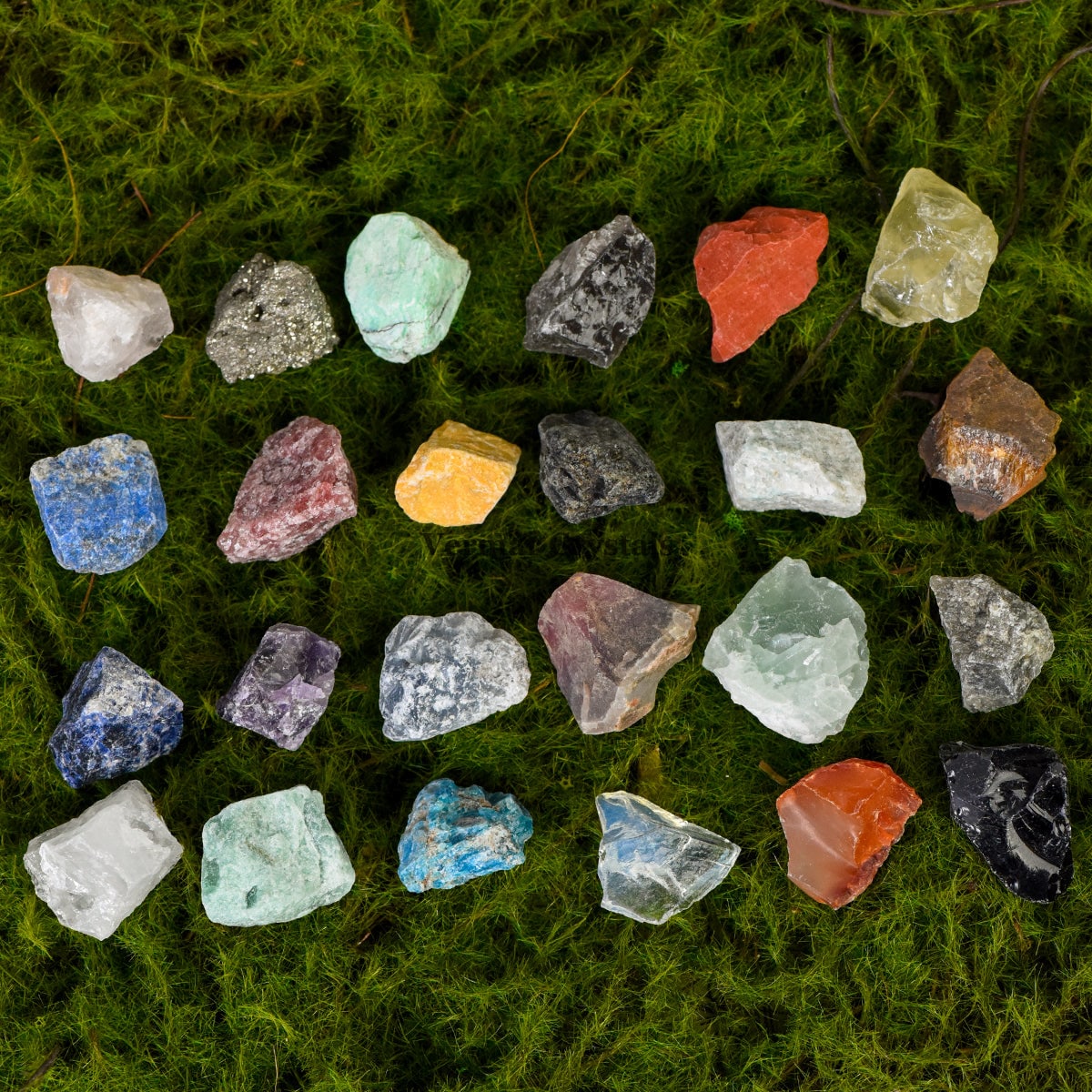 Natural raw crystals of various colors and textures arranged neatly on green moss background for mystery box display