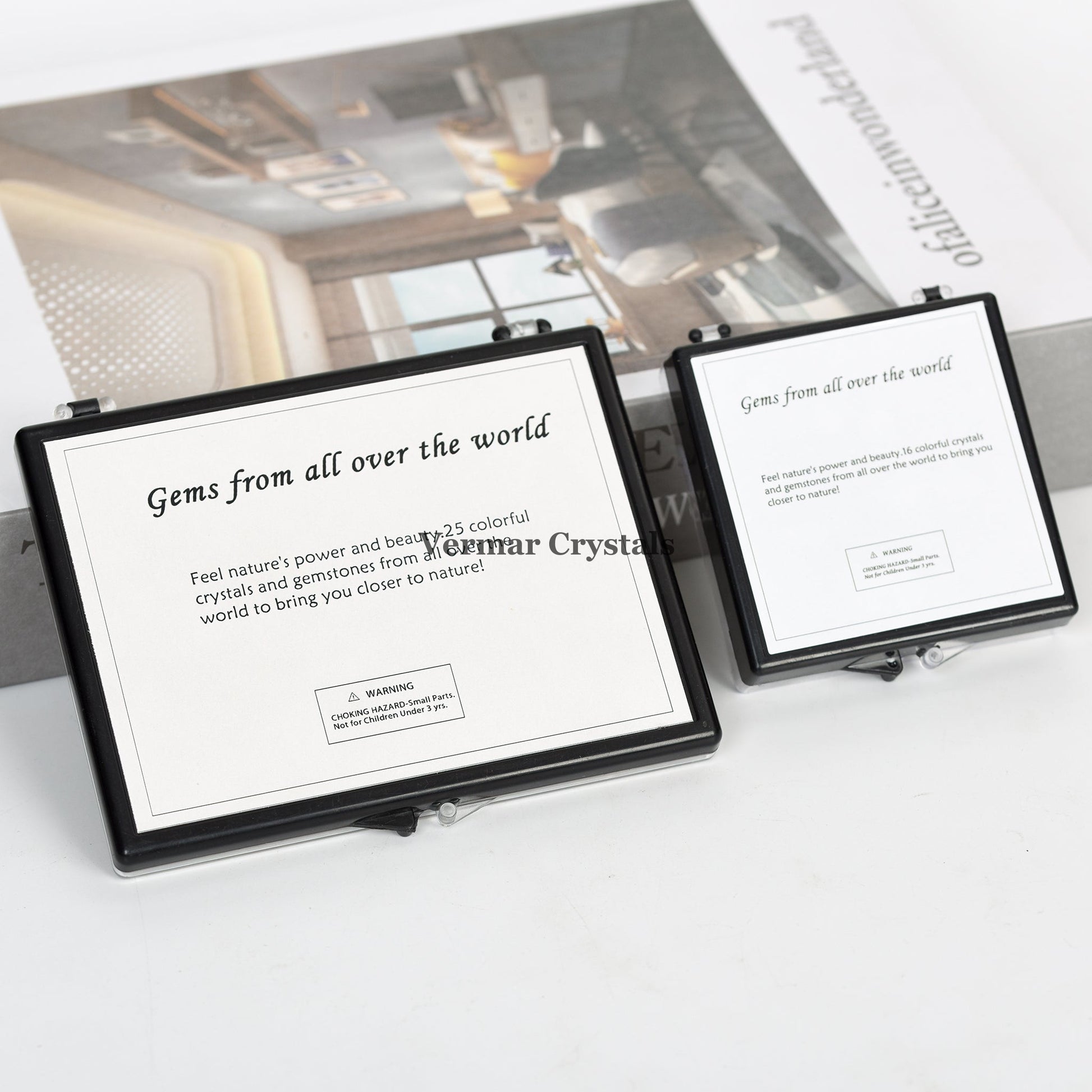 Crystal & Gemstone Specimen Box featuring a curated collection of colorful natural crystals displayed in black cases