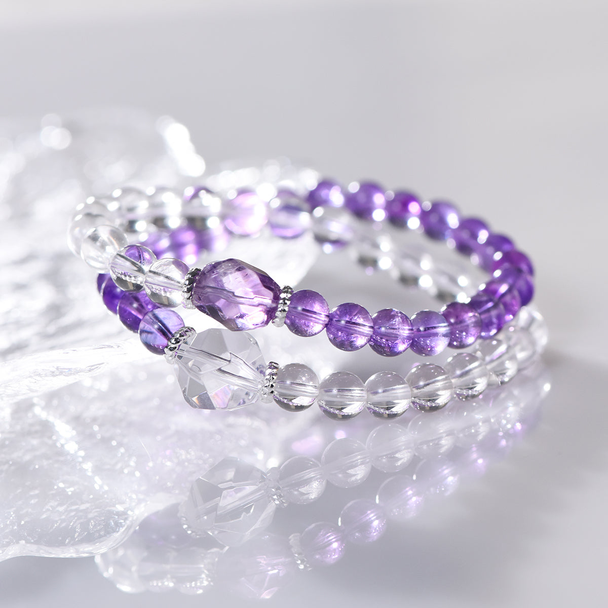 Natural Clear Quartz & Amethyst Faceted Double-Wrap Bracelet