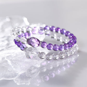 Natural Clear Quartz & Amethyst Faceted Double-Wrap Bracelet