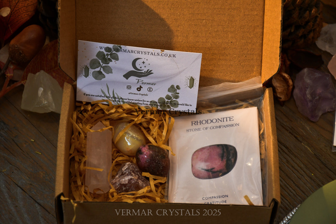 Love & Happiness Crystal Set with Strawberry Quartz, Rhodonite, Rose Quartz, and Flower Agate stones on cards