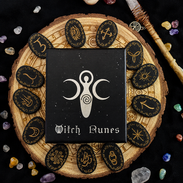 Wooden Witch Runes Set | 13 Engraved Rune Stones for Divination, Meditation & Altar Decor | Spiritual Gift with Guidebook