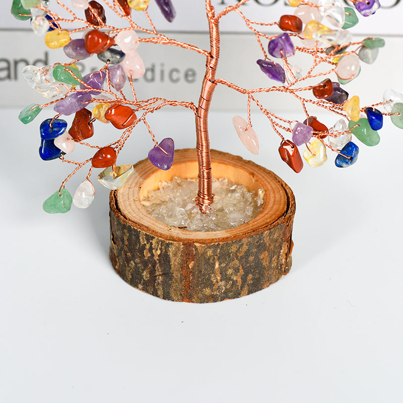 Seven Chakra Crystal Tree of Life with Solid Wood Base & Energy Gravel Centre