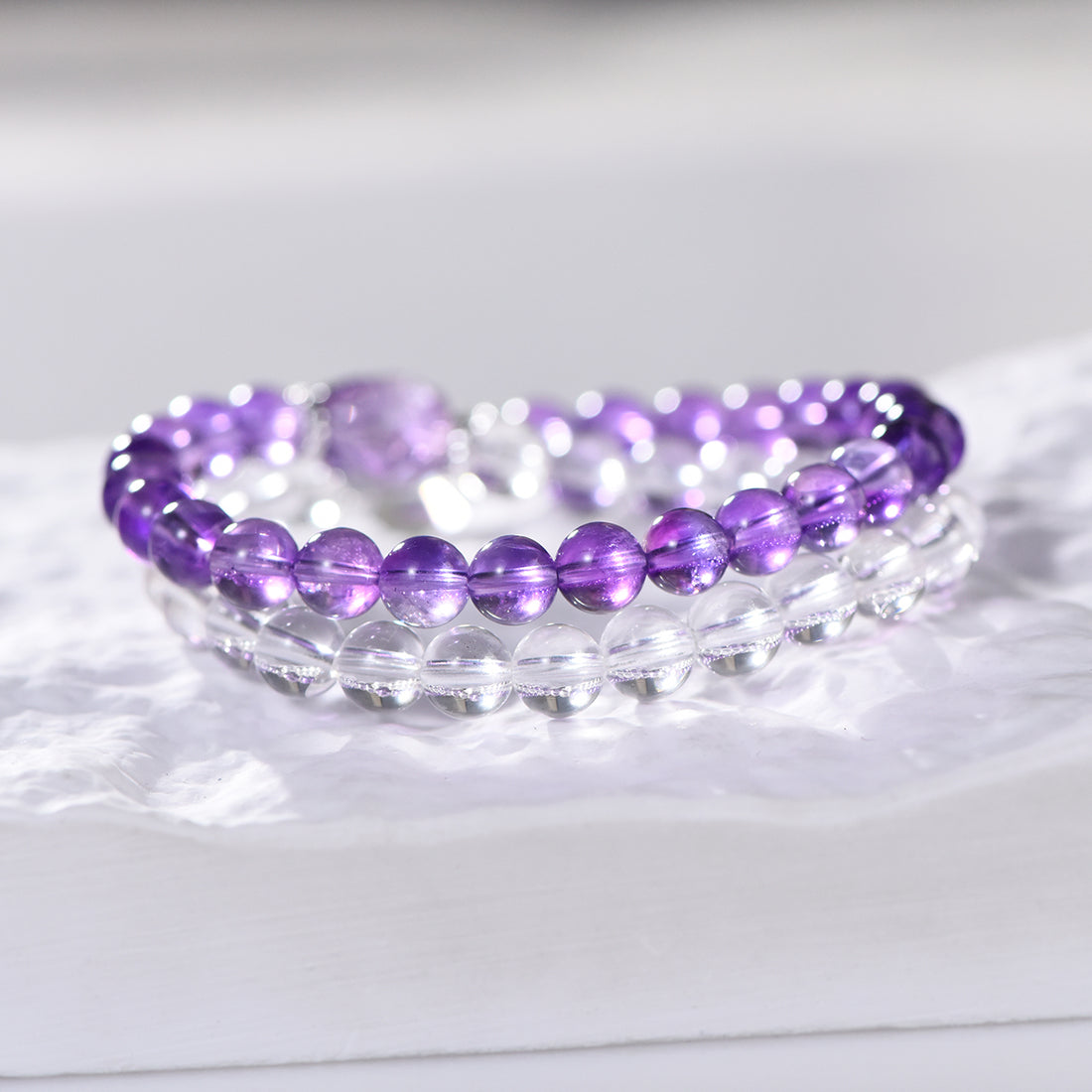 Natural Clear Quartz & Amethyst Faceted Double-Wrap Bracelet
