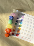 Seven Chakra Healing Crystal Set with tumbled stones arranged next to a chakra balancing guide on beige fabric background