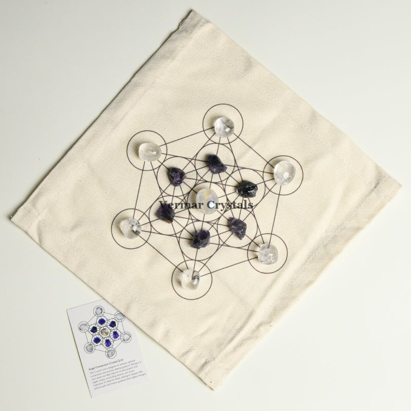 Angel Connection crystal grid set with amethyst and clear quartz stones on fabric cloth for spiritual growth and meditation