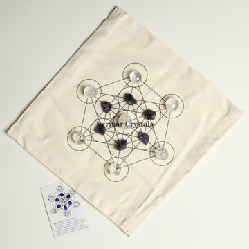 Angel Connection crystal grid set with amethyst and clear quartz stones on fabric cloth for spiritual growth and meditation