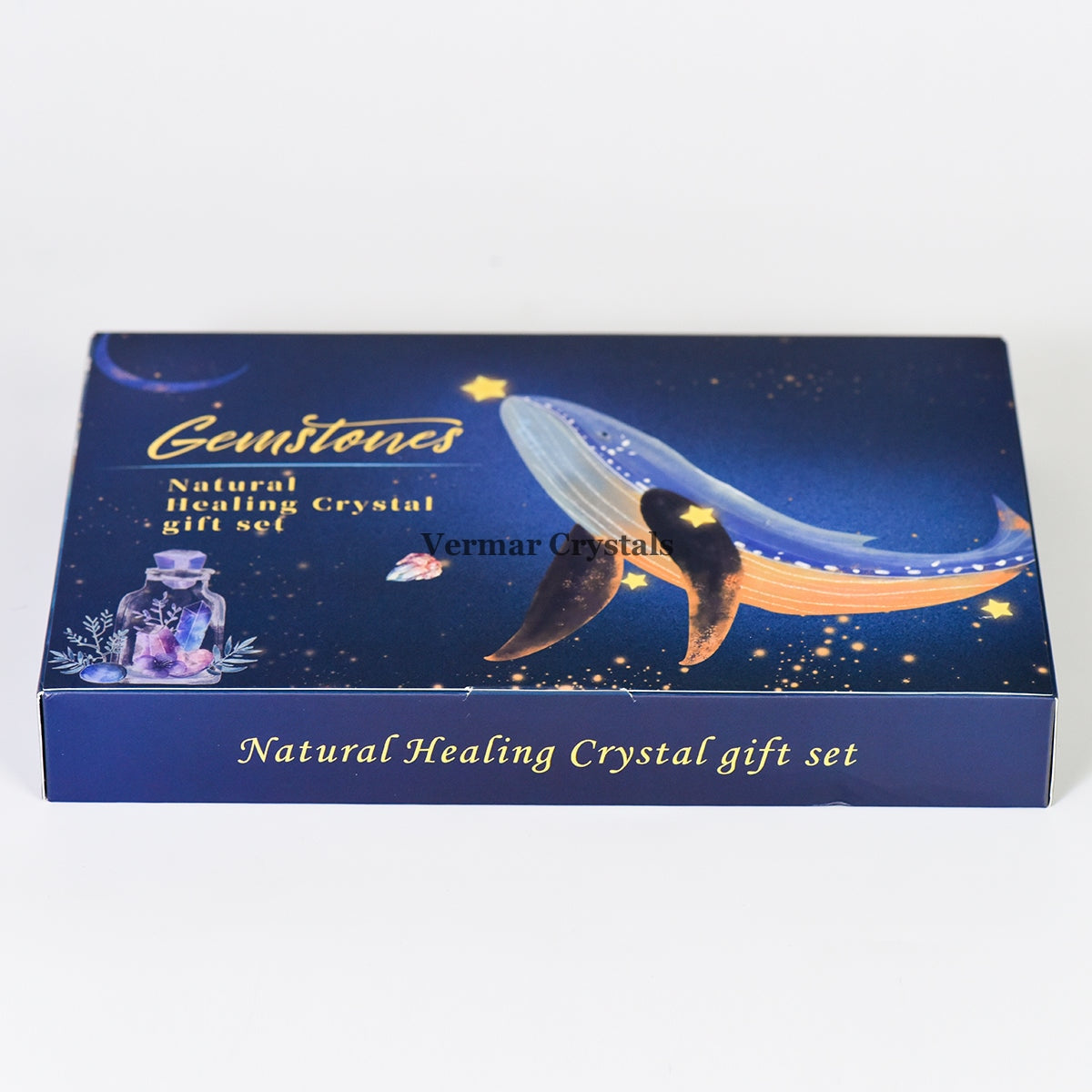 Mystery Box packaging featuring a whale illustration for natural raw crystal gift set on white background