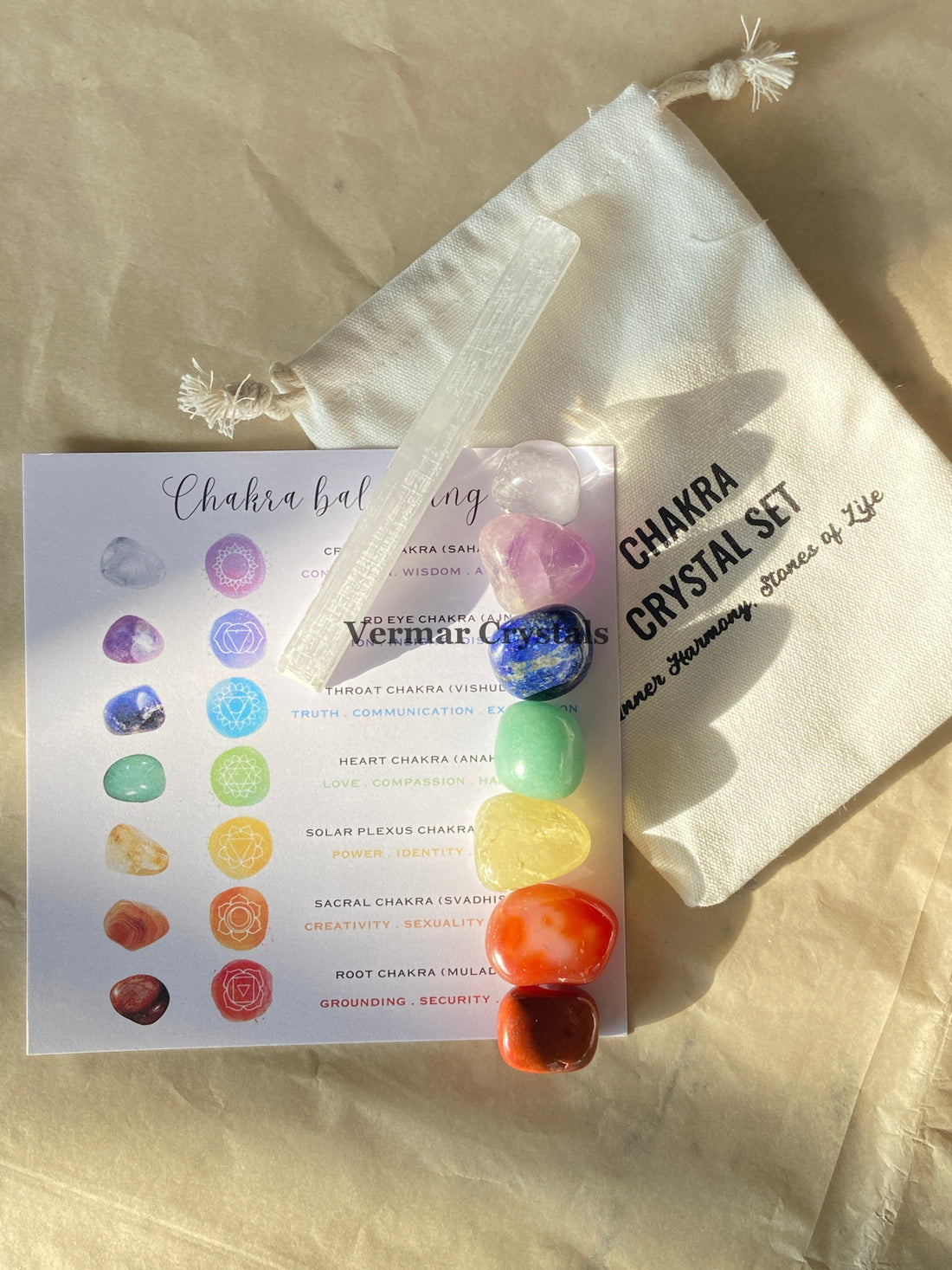 Seven Chakra Healing Crystal Set with tumbled stones arranged next to a chakra balancing guide on beige fabric background