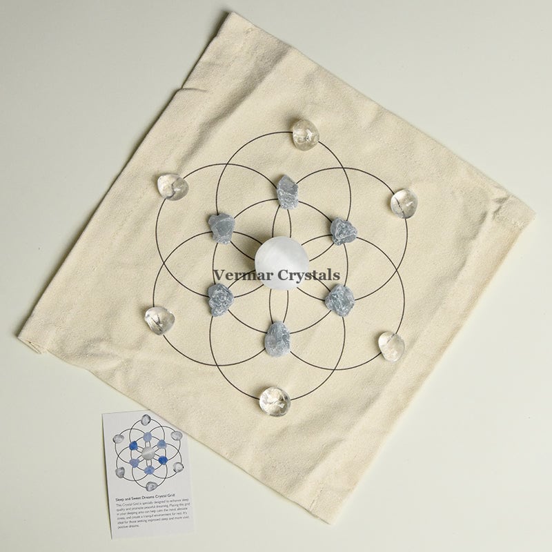 Sleep and Sweet Dreams crystal grid set with calming stones arranged on fabric cloth for anxiety relief and restful sleep
