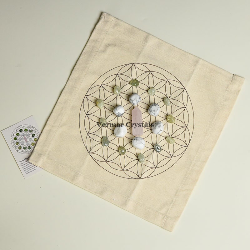 Feminine Power Grid Healing Set with crystals arranged on fabric cloth for emotional balance and self-empowerment