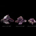 Three clusters of natural amethyst quartz stones in varying sizes on a black background with size labels