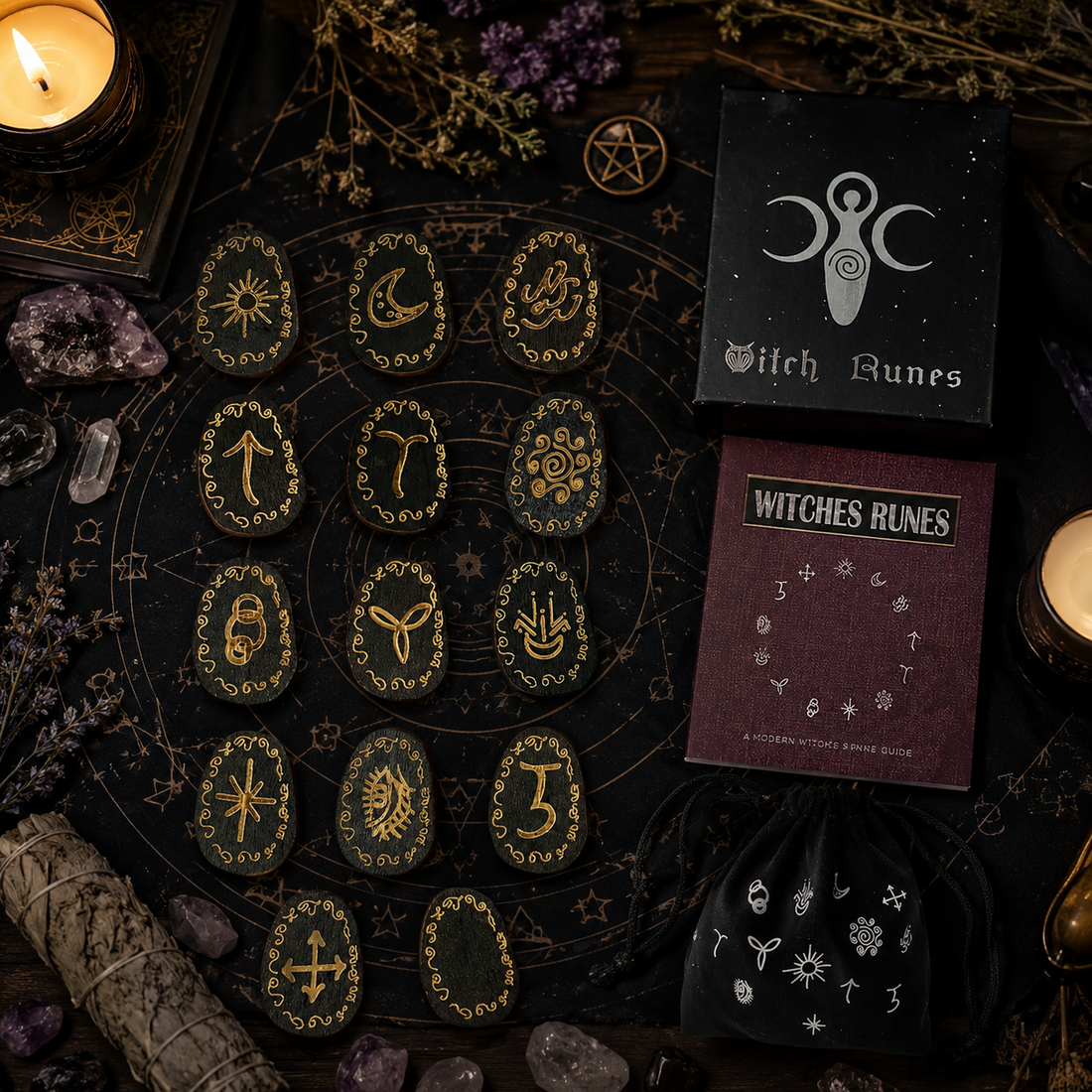 Wooden Witch Runes Set | 13 Engraved Rune Stones for Divination, Meditation & Altar Decor | Spiritual Gift with Guidebook