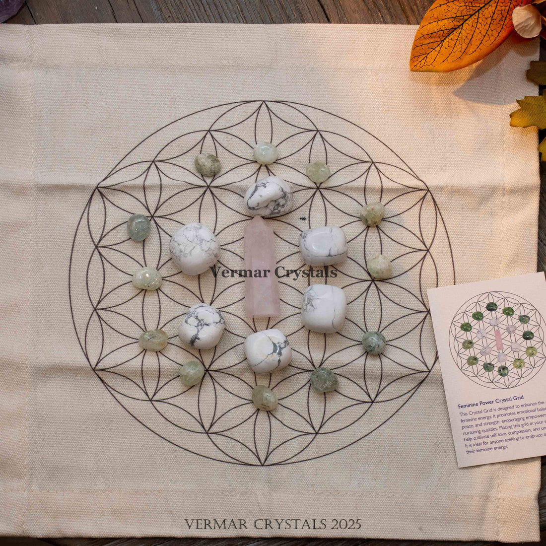 Feminine Power Grid Healing Set with crystals arranged on fabric cloth for emotional balance and self-empowerment