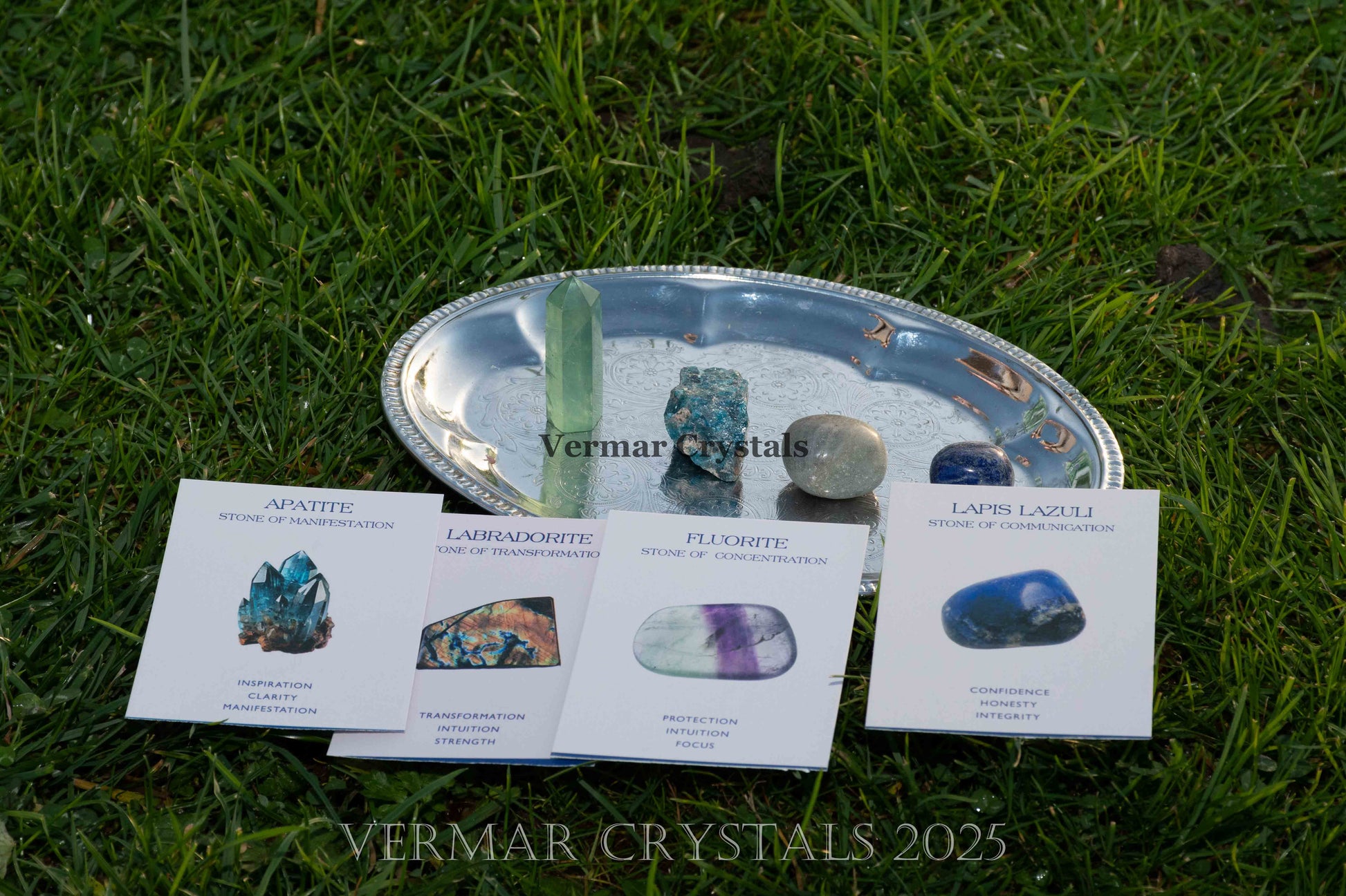 Set of natural Apatite, Labradorite, Fluorite, and Lapis Lazuli crystal stones displayed on a silver tray on grass background