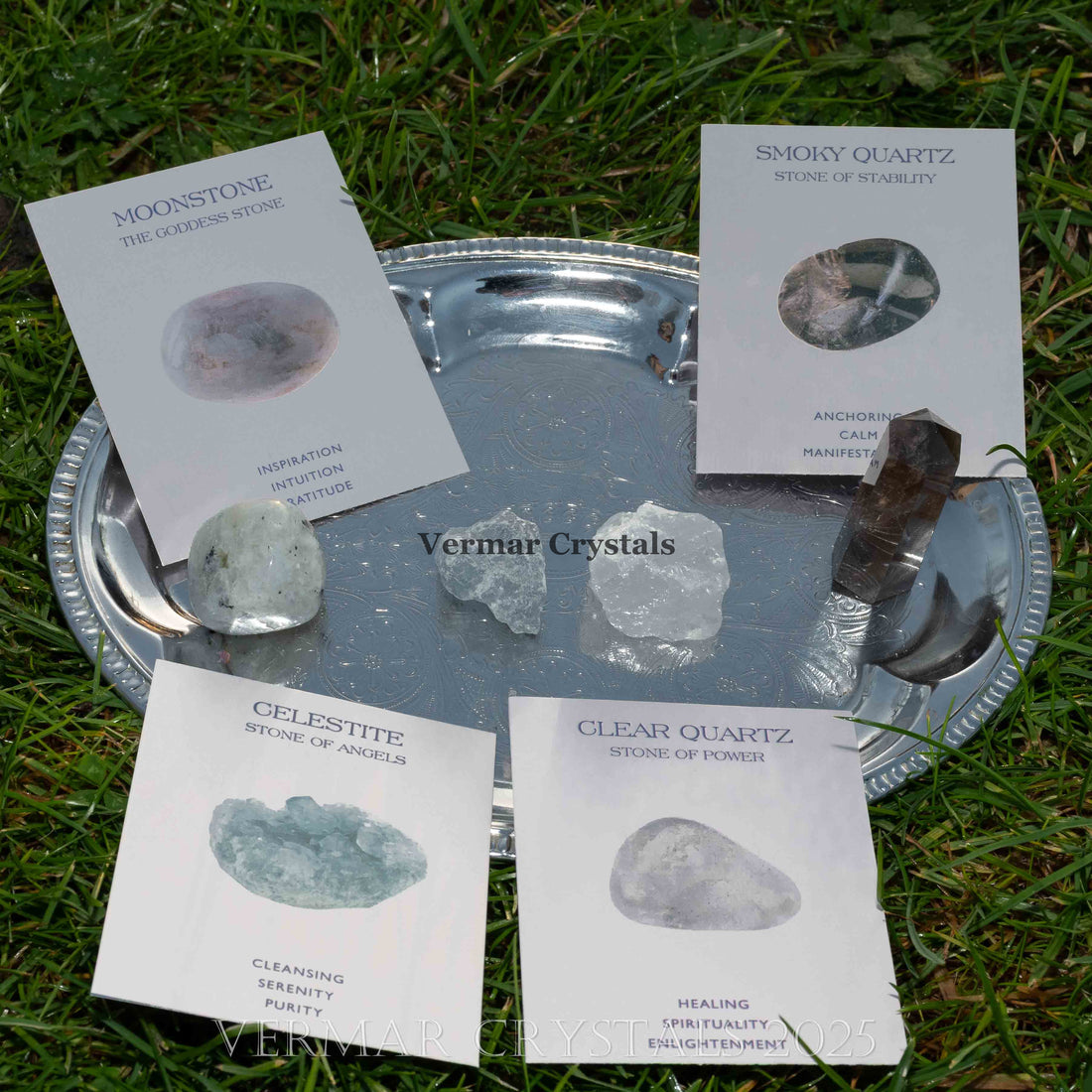 Health and Wellness crystal set featuring celestite, moonstone, smoky quartz, and clear quartz stones with informational cards