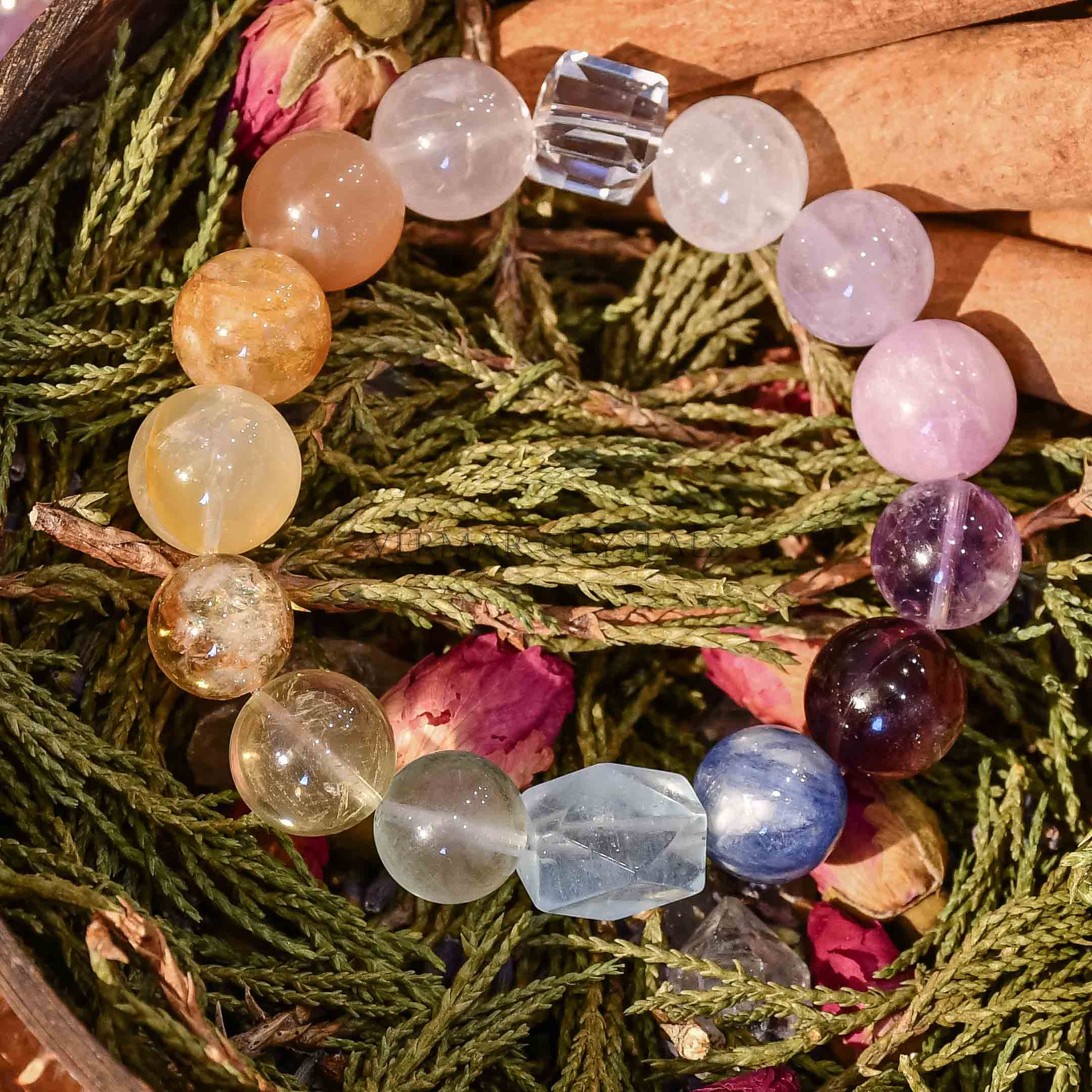 Rainbow gradient multi-gemstone bracelet with large polished beads arranged in a circular pattern on greenery background