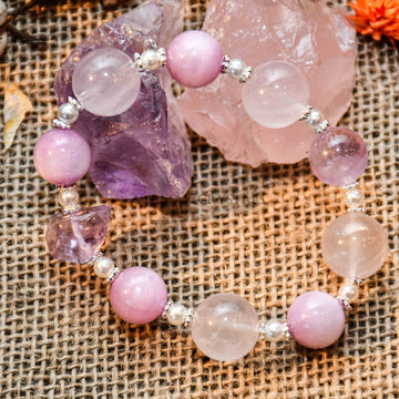 Provence Garden bracelet with round amethyst and lepidolite beads on natural burlap with crystals background