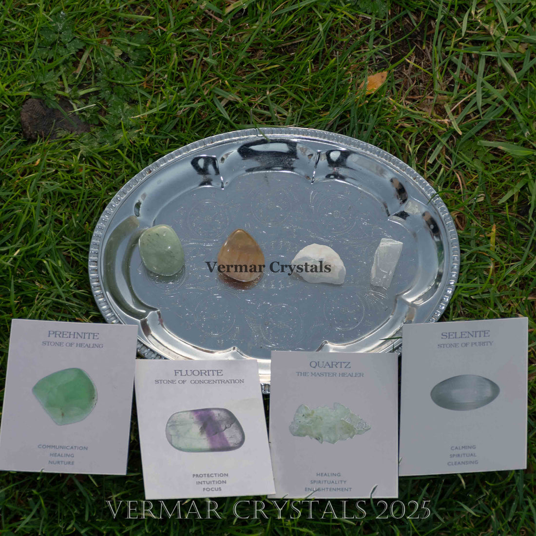 Balance & Harmony crystal set with fluorite, prehnite, selenite, and quartz stones on descriptive cards against light background