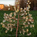 Handmade citrine crystal tree with natural yellow gemstones and twisted copper wire branches on agate base outdoors