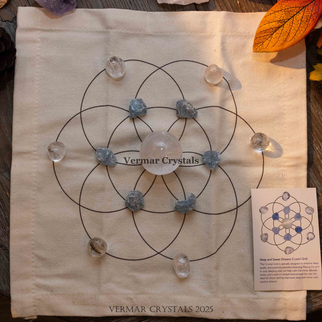 Sleep and Sweet Dreams crystal grid set with calming stones arranged on fabric cloth for anxiety relief and restful sleep