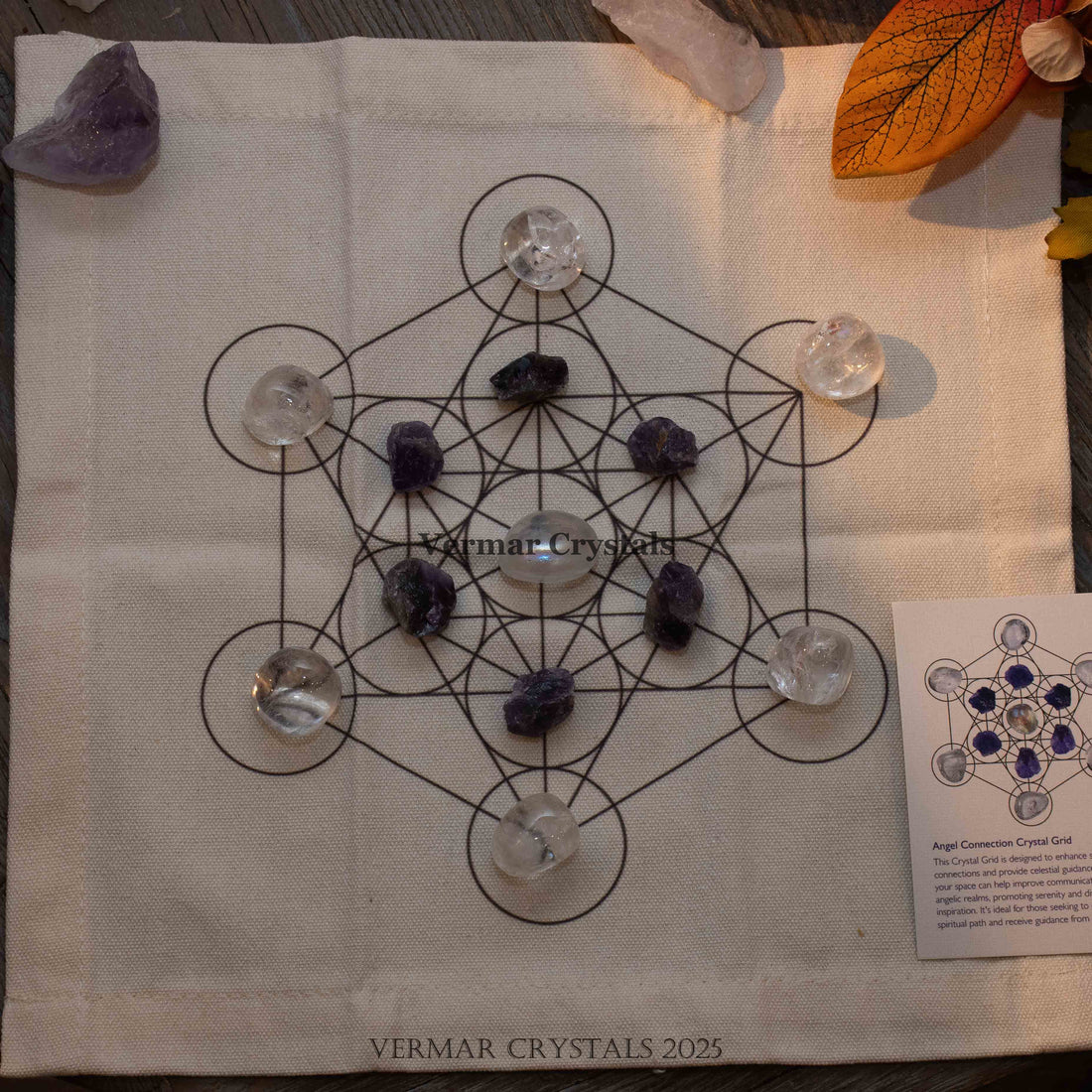 Angel Connection crystal grid set with amethyst and clear quartz stones on fabric cloth for spiritual growth and meditation