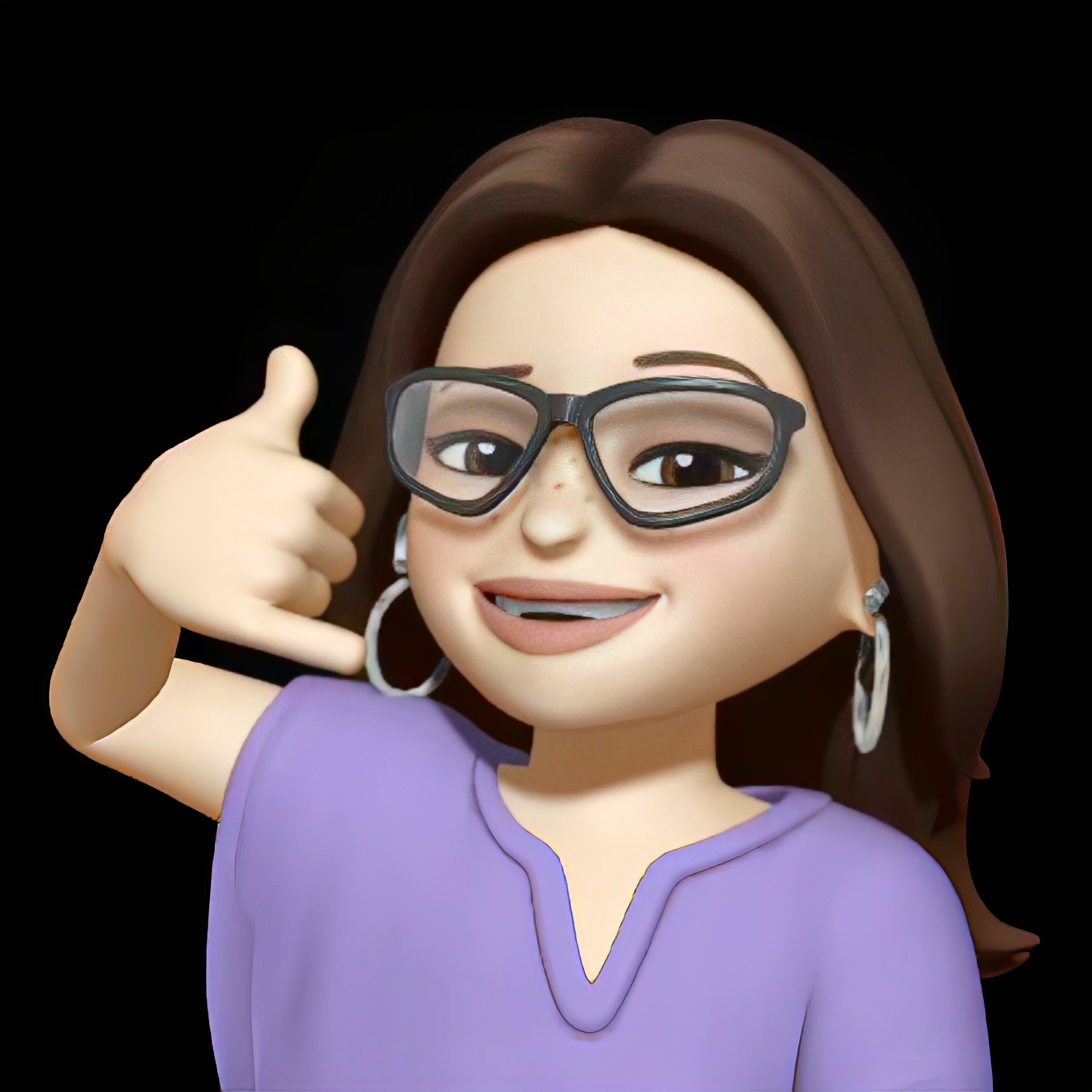 3D animated female character with glasses and hoop earrings giving a phone call hand gesture on black background