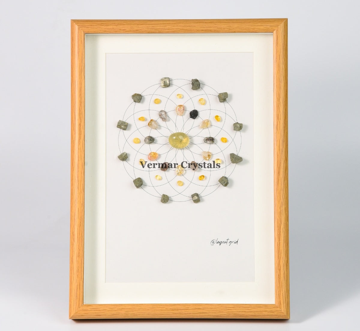 Wealth & Prosperity crystal grid painting with Citrine, Green Phantom Quartz, and Pyrite stones in wooden frame