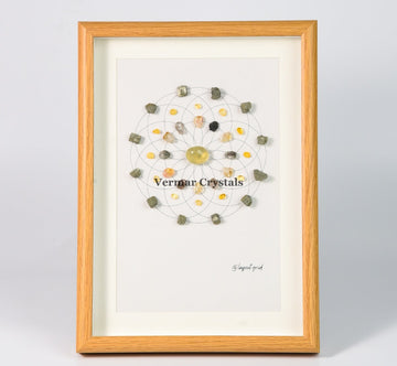 Wealth & Prosperity crystal grid painting with Citrine, Green Phantom Quartz, and Pyrite stones in wooden frame