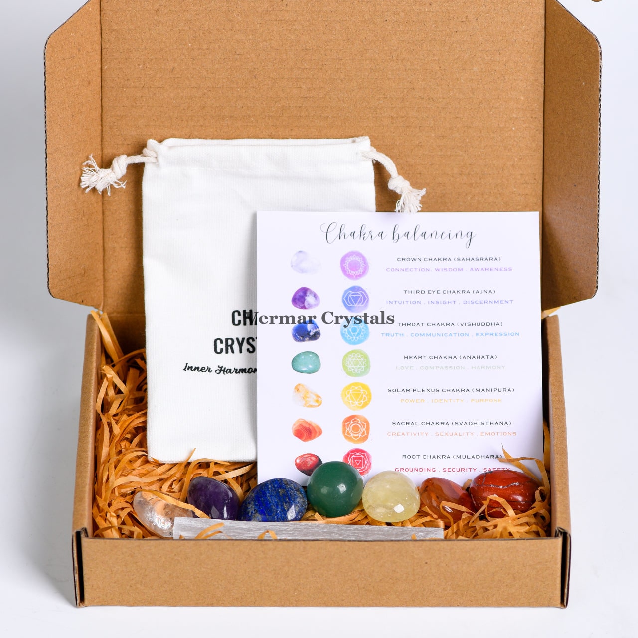 Seven Chakra Healing Crystal Set with tumbled stones, chakra guide card, and white drawstring pouch in eco-friendly box