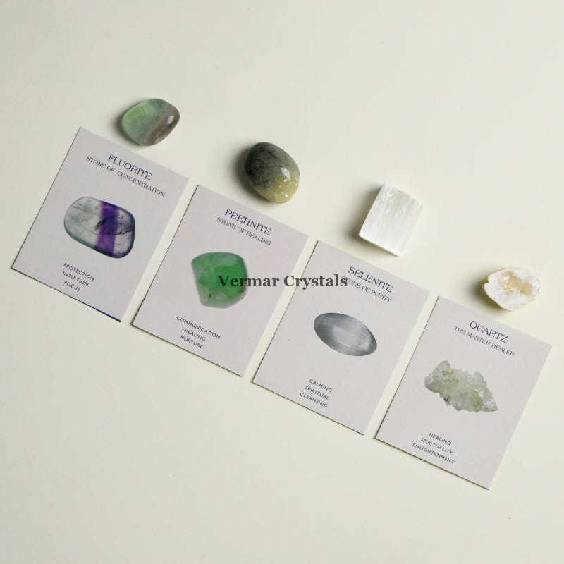 Balance & Harmony crystal set with fluorite, prehnite, selenite, and quartz stones on descriptive cards against light background