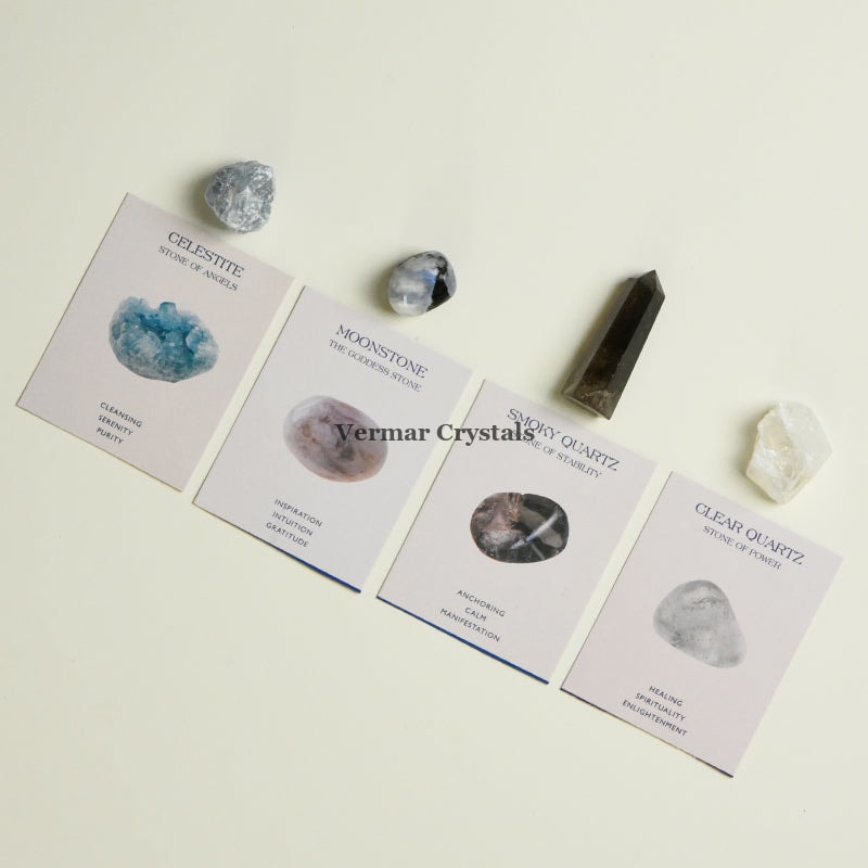 Health and Wellness crystal set featuring celestite, moonstone, smoky quartz, and clear quartz stones with informational cards