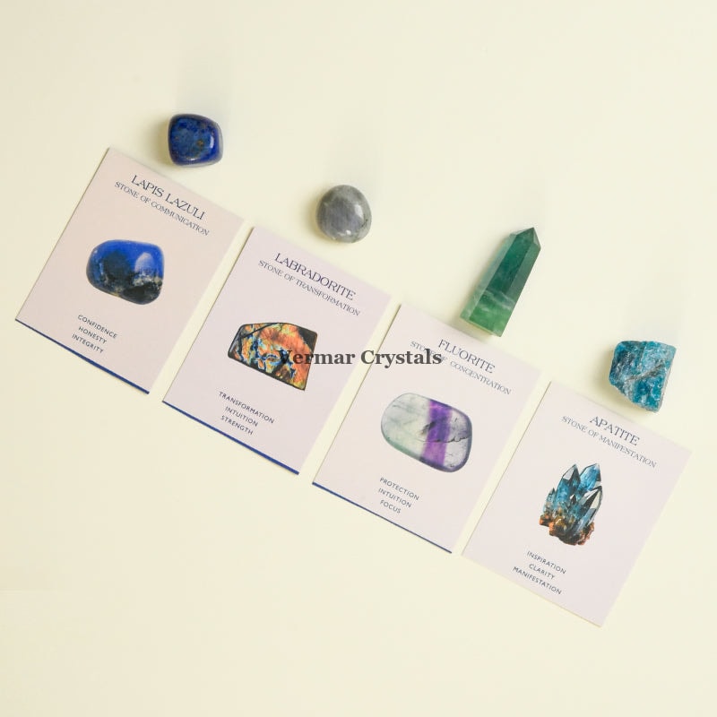 Intuition & Wisdom Crystal Set with Lapis Lazuli, Labradorite, Fluorite, and Apatite stones on informational cards