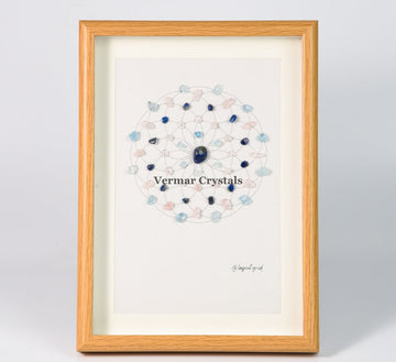 Stress Relief and Relaxation crystal grid painting framed with Lapis Lazuli, Aquamarine, and soft pastel stones on white background