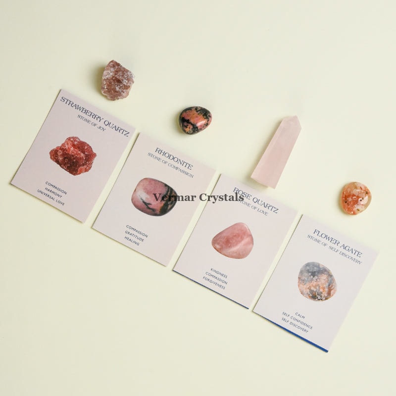Love & Happiness Crystal Set with Strawberry Quartz, Rhodonite, Rose Quartz, and Flower Agate stones on cards