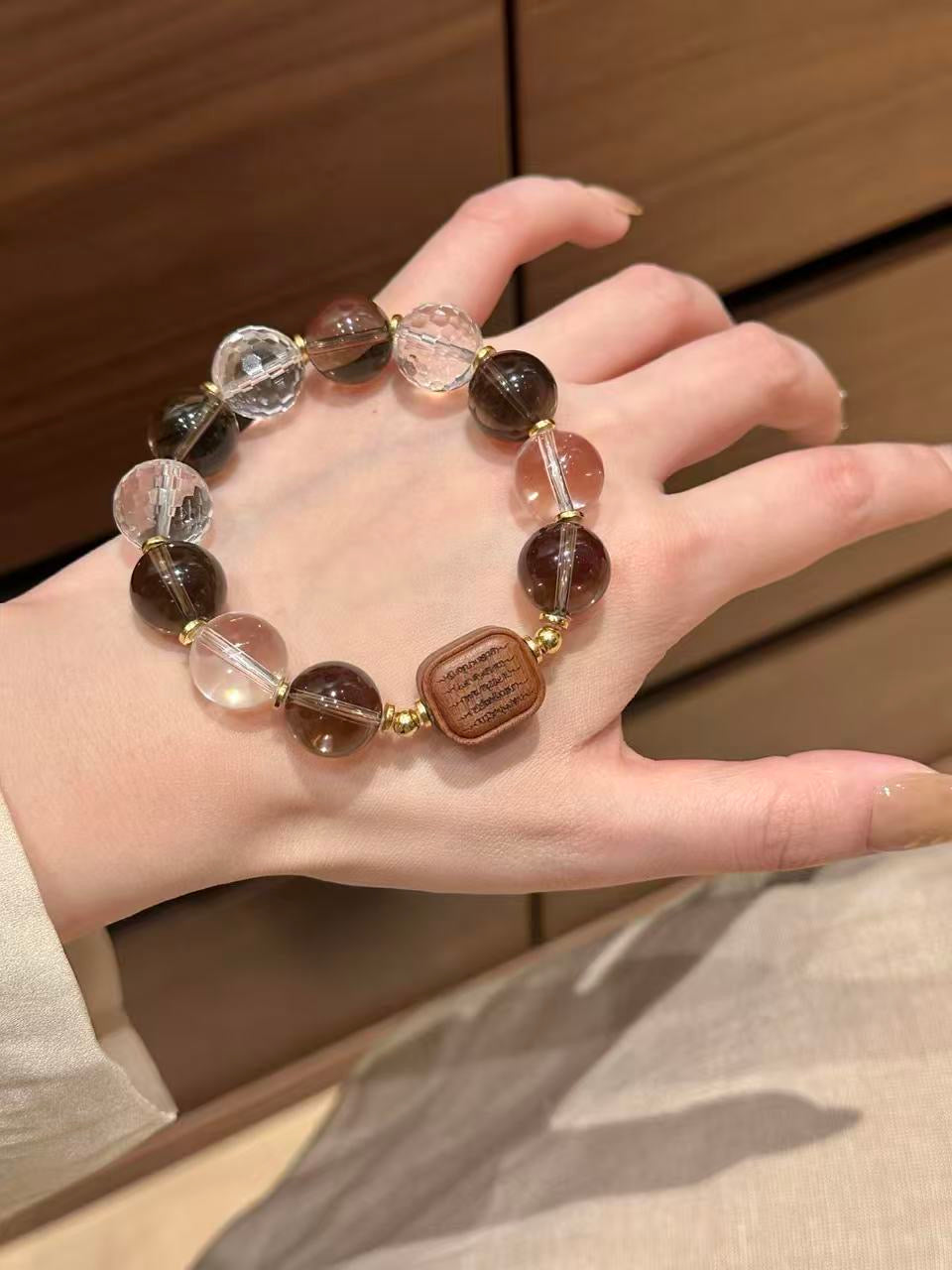 Earthbound Light Bracelet | Smoky Quartz, Clear Quartz & Natural Wood · 12mm