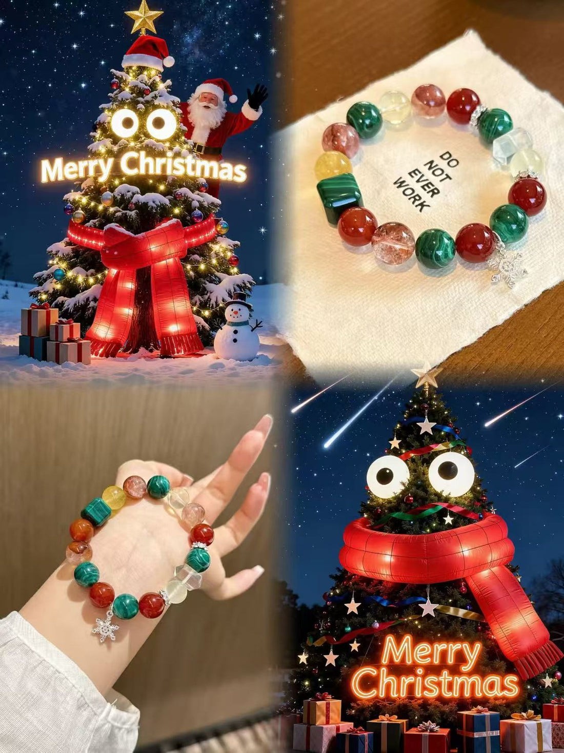 Christmas Harmony crystal bracelet with red, green, and clear 12mm beads on white cloth and held in hand